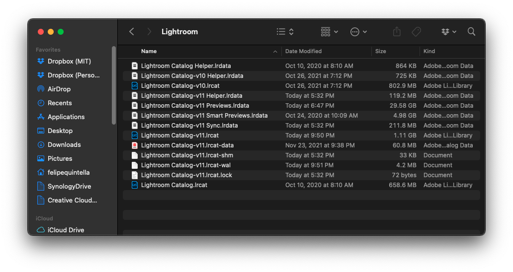 Finder window showing my Lightroom catalog files