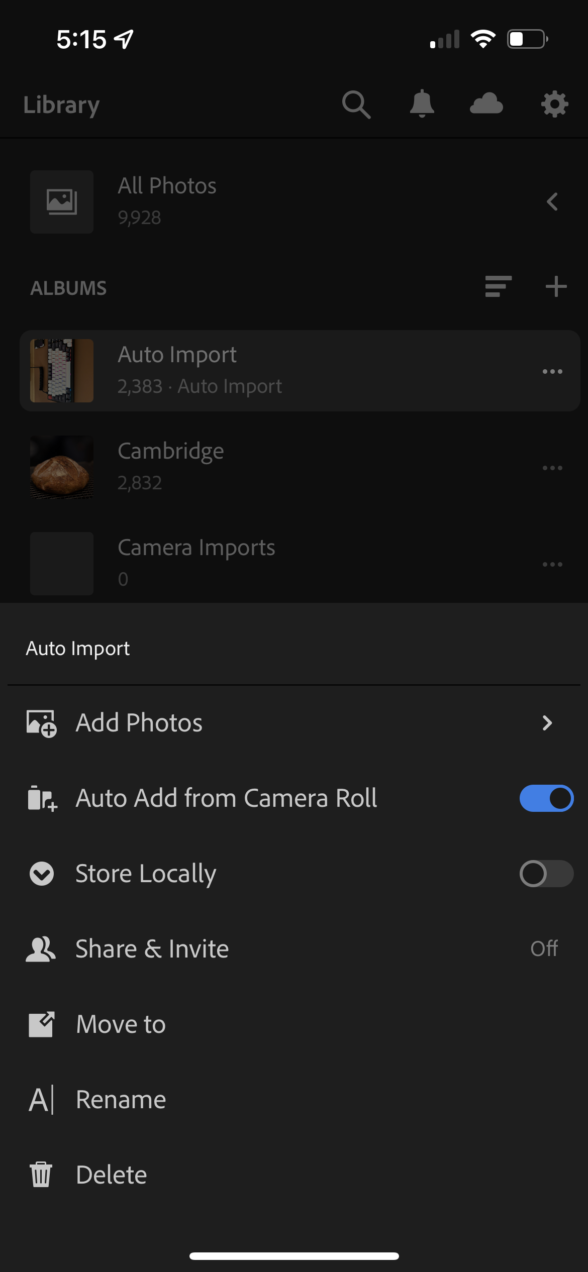 Lightroom on iOS showing the Auto Add toggle turned on