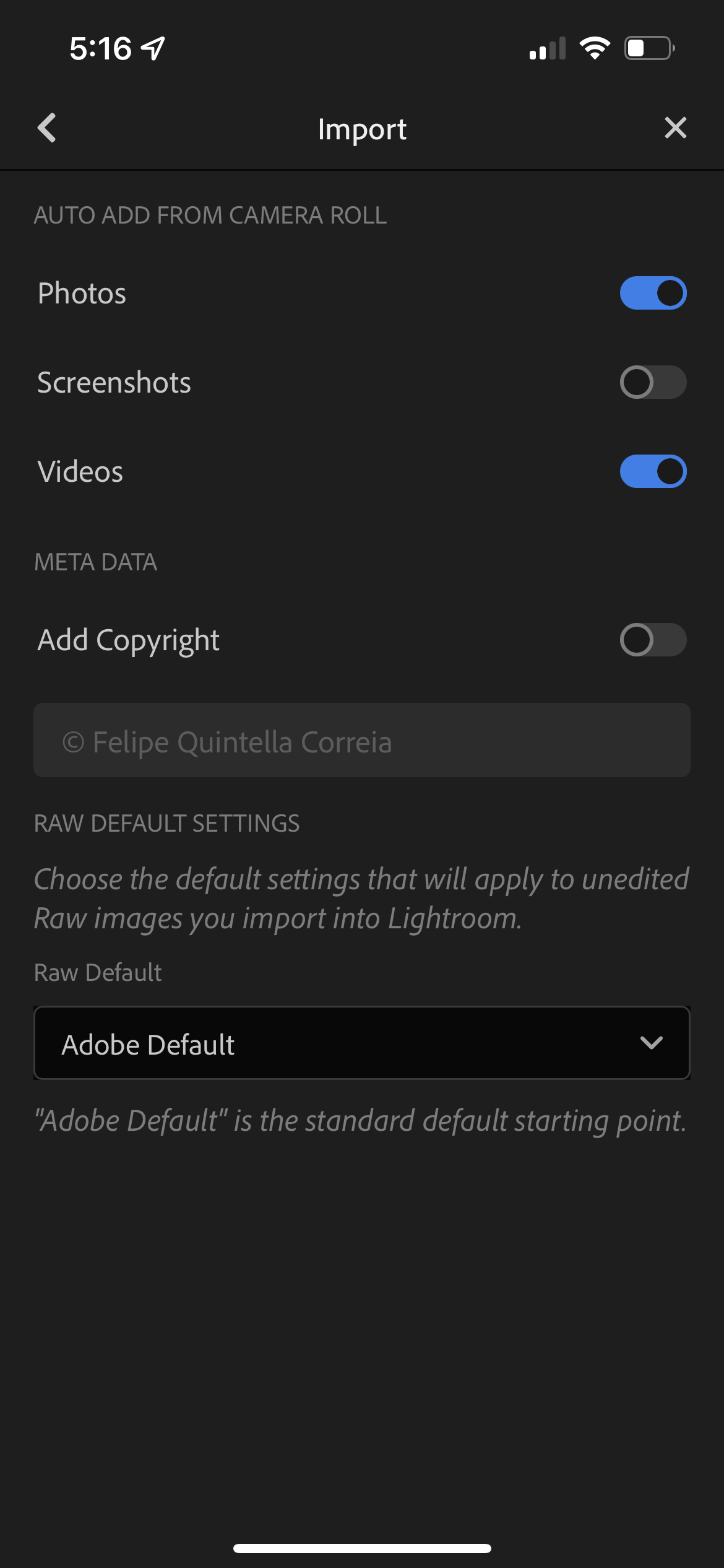 Lightroom on iOS showing the auto add video option turned on