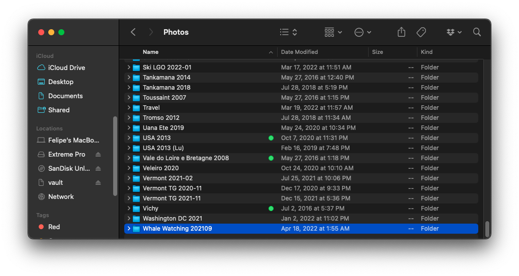 Finder window showing my Photos NAS share and a different folder for each event I have photos for