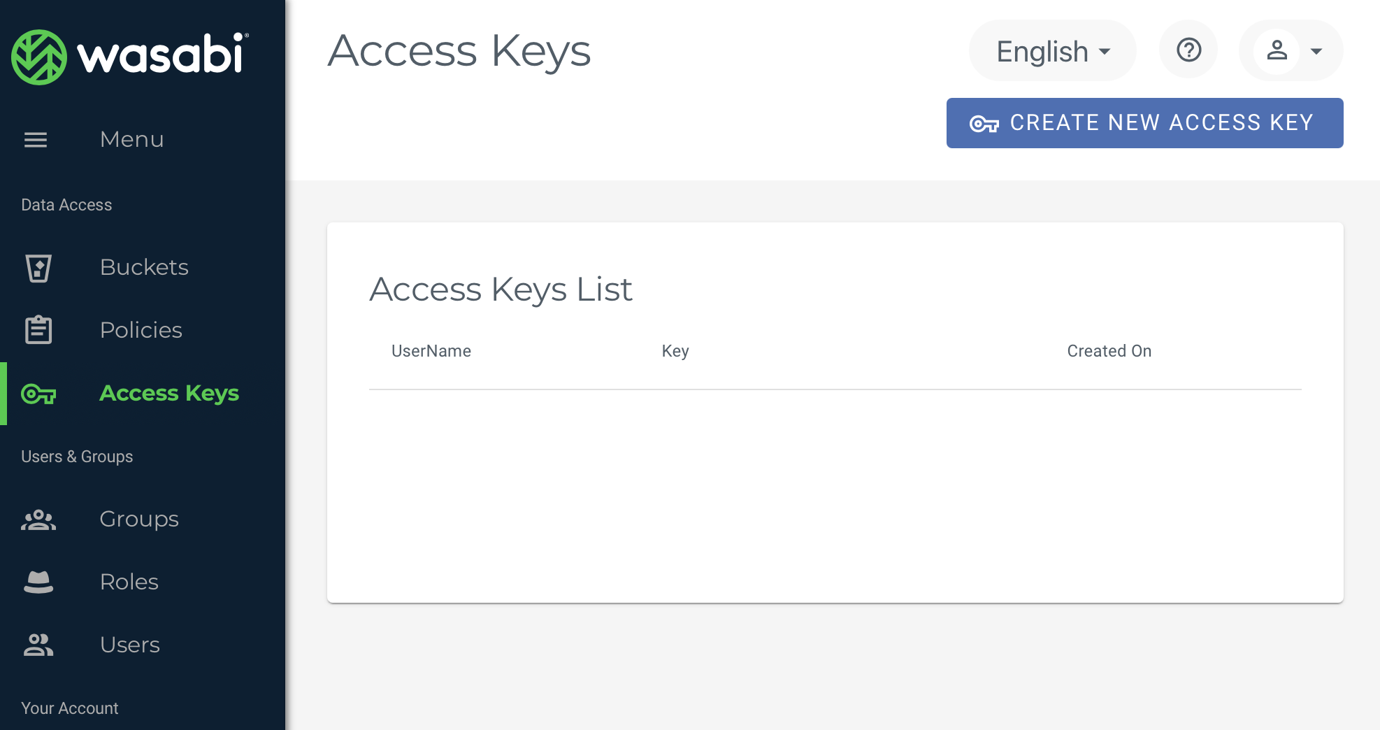 Screen showing the access keys tab