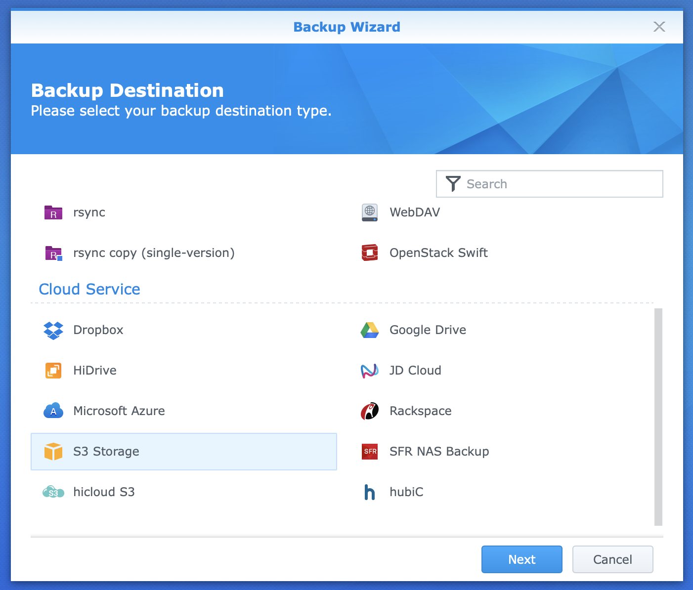 Screen showing the new backup task wizard